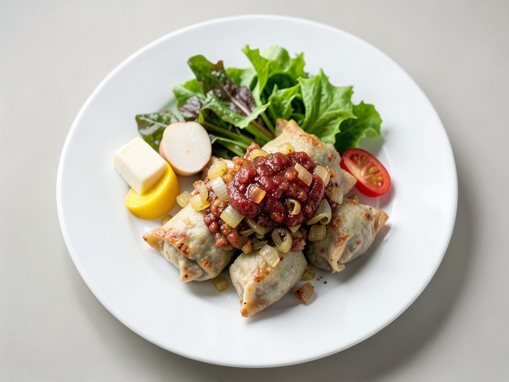 Maultaschen croccanti con cipolle caramellate, chutney di pere e senape e insalata di rucola