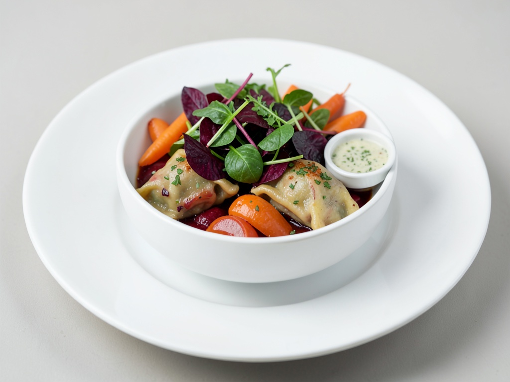 Bowl colorata di Maultaschen con spinaci e barbabietola, carote e salsa alle erbe