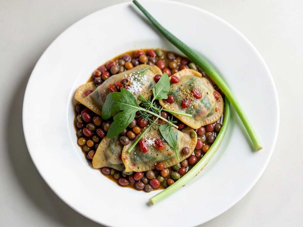 Maultaschen croccanti con fagioli, pera e rucola