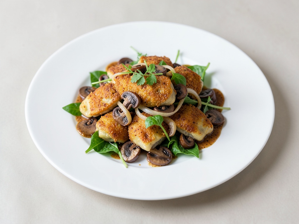 Insalata croccante di Maultaschen con funghi e cipolle