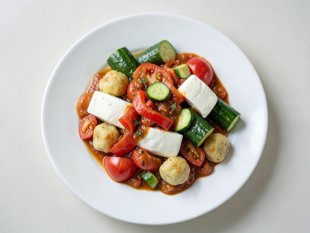 Padella mediterranea di gnocchi con sugo di pomodori e zucchine e mozzarella