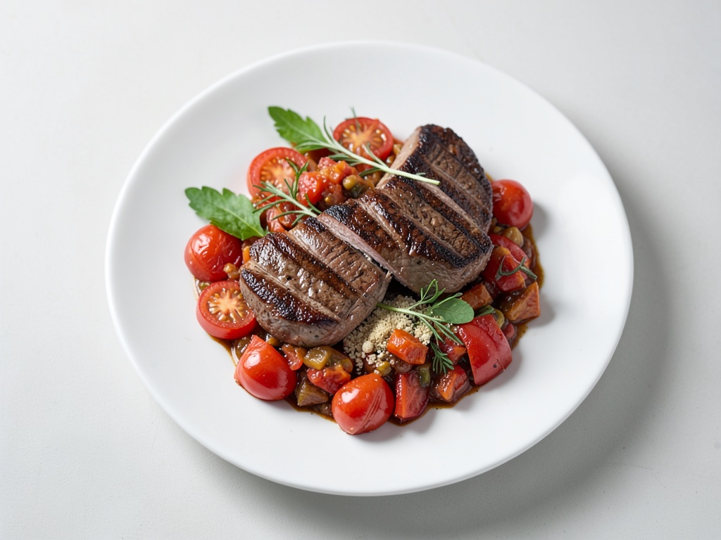 Bistecche di manzo mediterranee con stufato di pomodori e pasta greca
