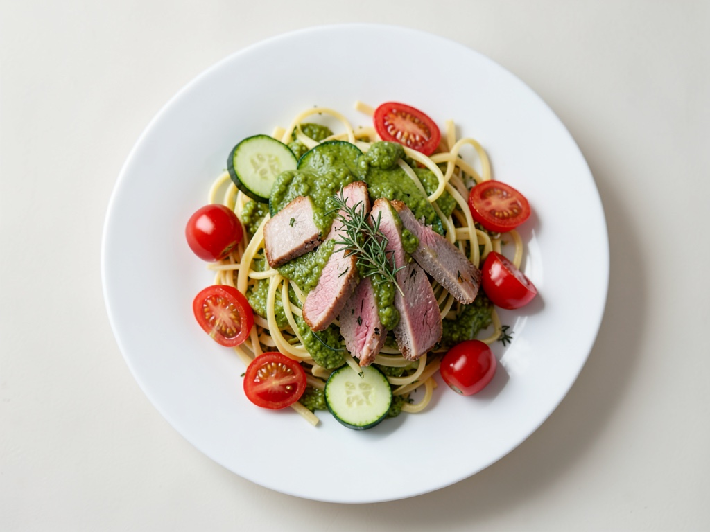 Mediterraner Nudelsalat mit Putenstreifen und Tomatenpesto