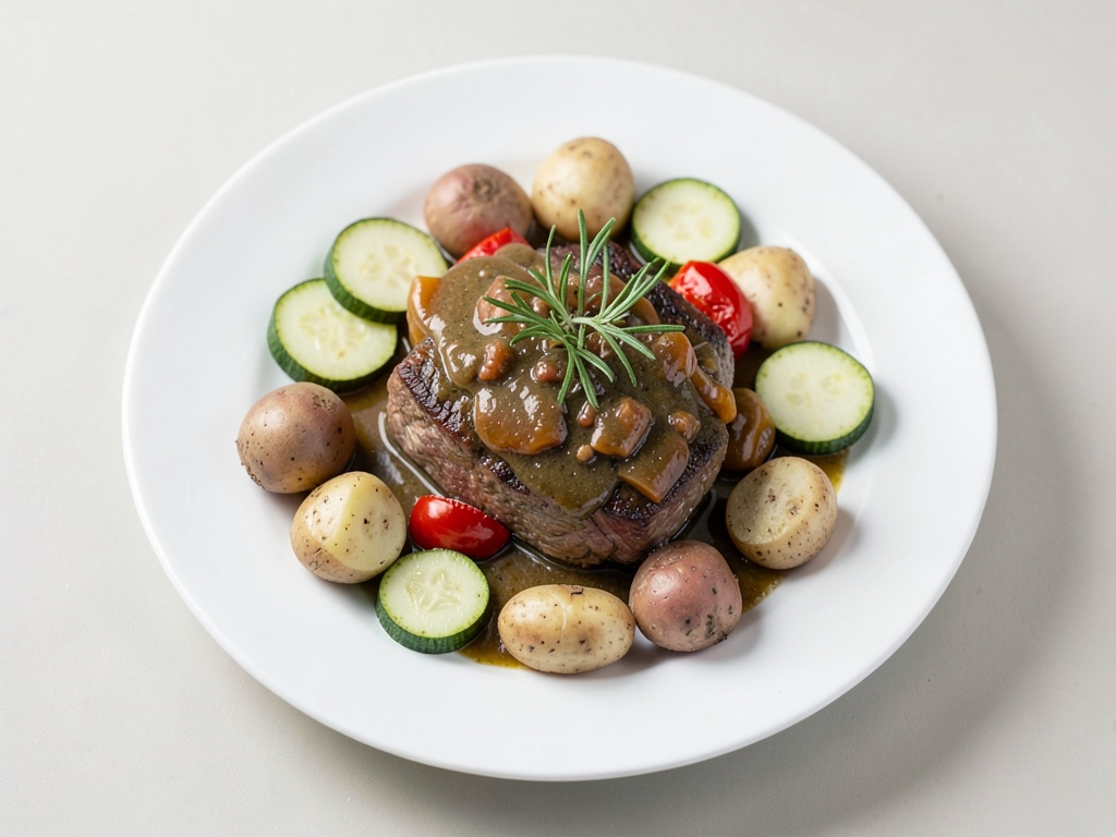 Ragoût de bœuf coloré avec des pommes de terre croustillantes au romarin