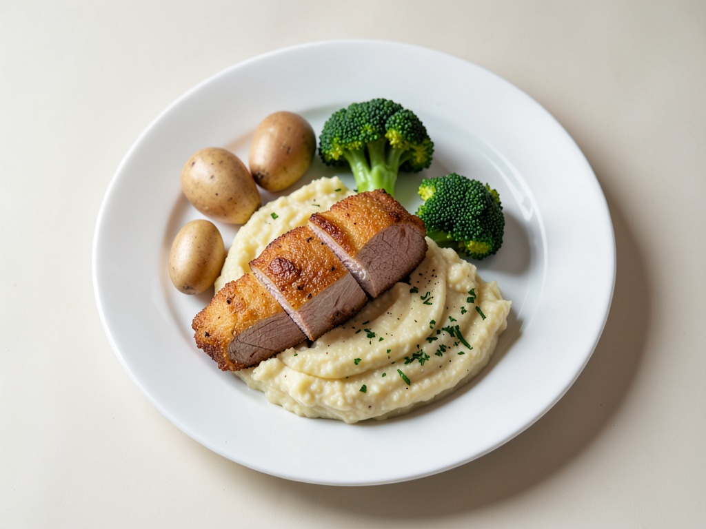 Schnitzo mediterraneo con purè di patate e broccoli e maionese alle erbe