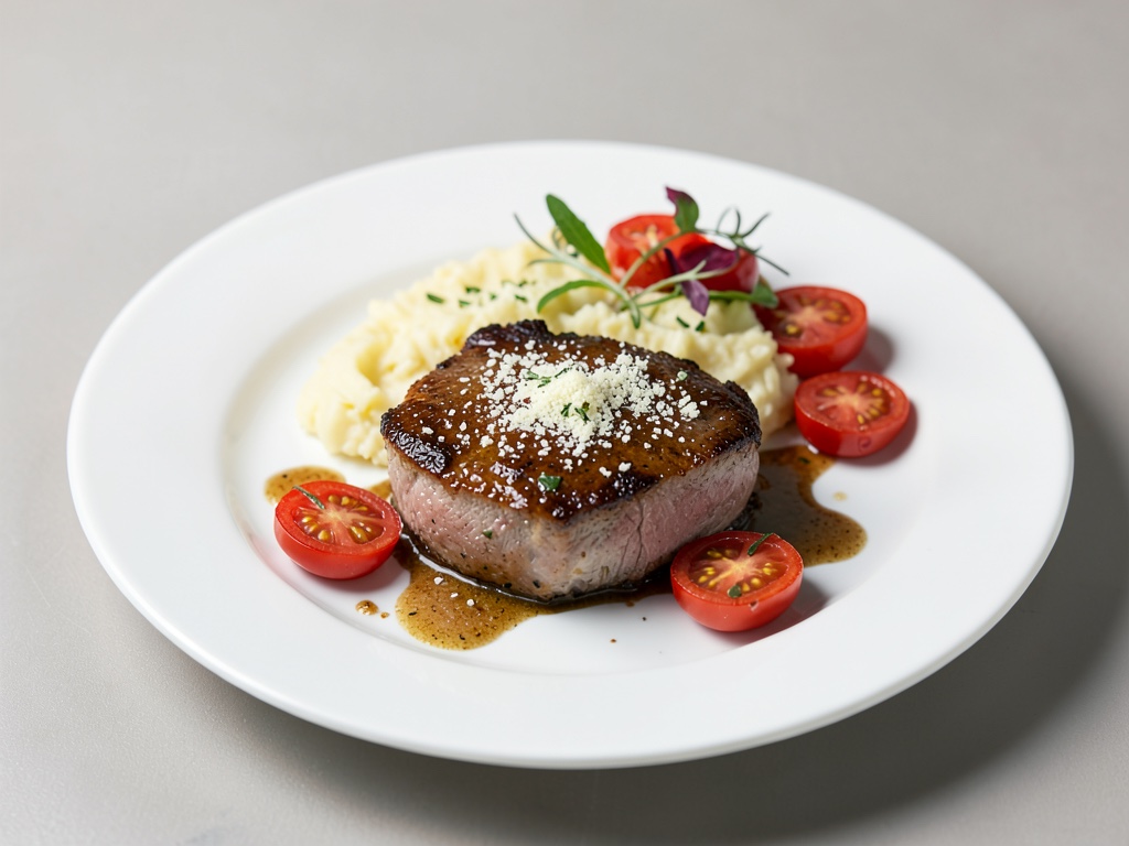 Mediterranes Schweinefilet mit Parmesan-Kartoffelpüree und Ofentomaten