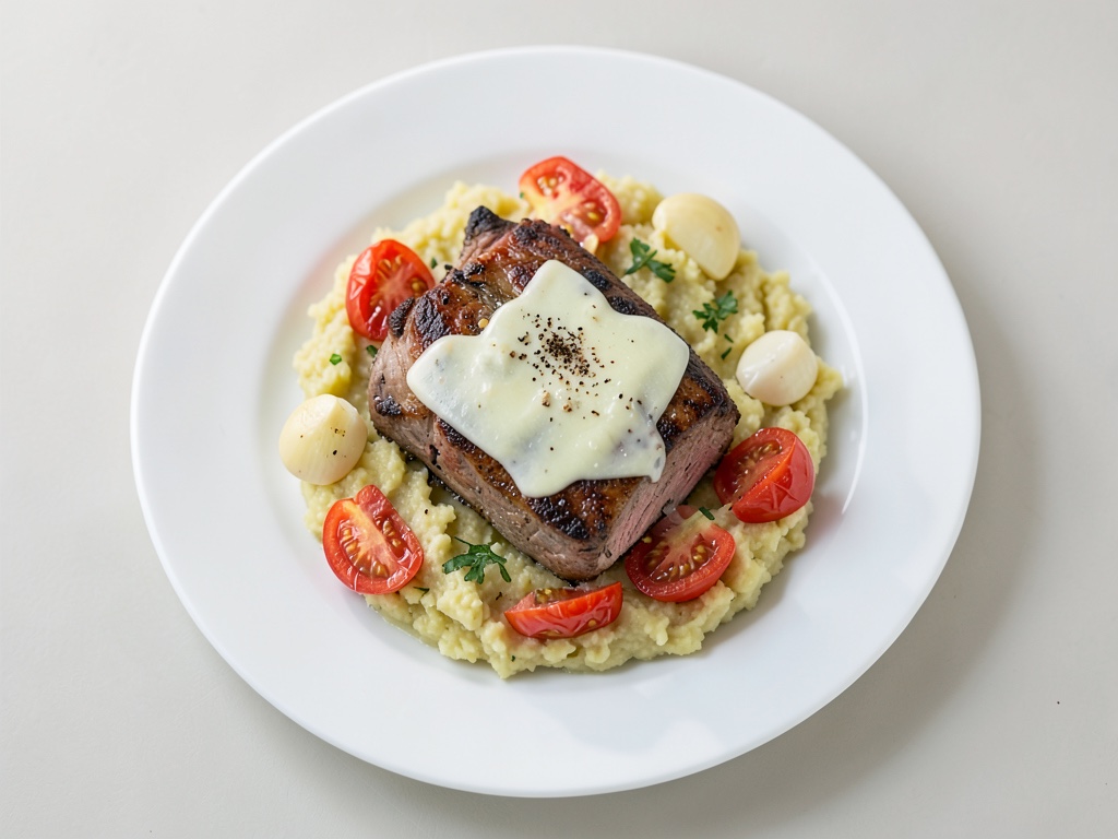 Mediterranes Schweinefilet mit Parmesan-Tomaten an Knoblauch-Kartoffelpüree