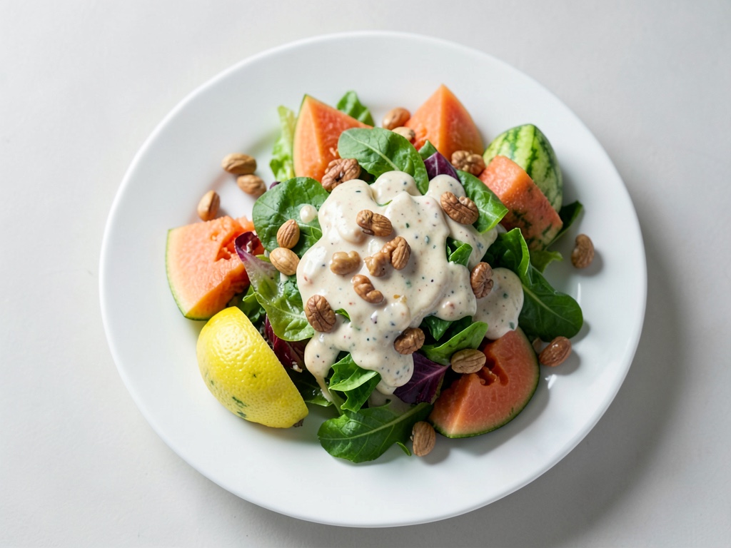 Melonen-Salat mit Honig-Joghurt-Dressing und Walnüssen
