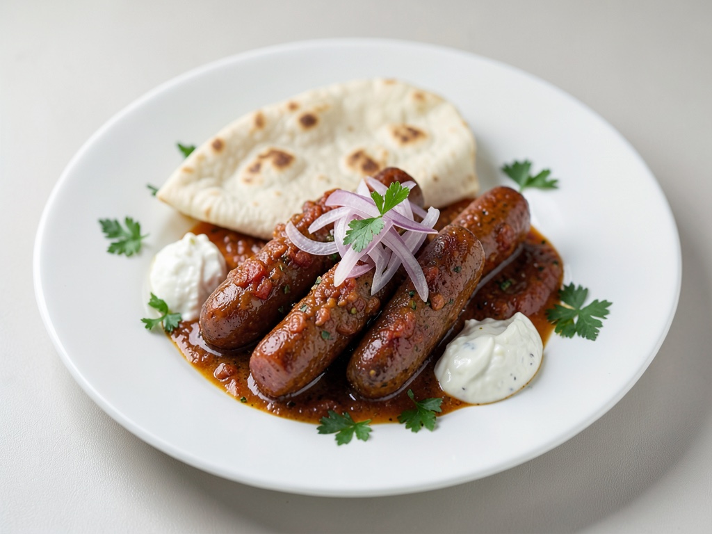 Salsicce Merguez speziate con pita, yogurt e cipolle marinate