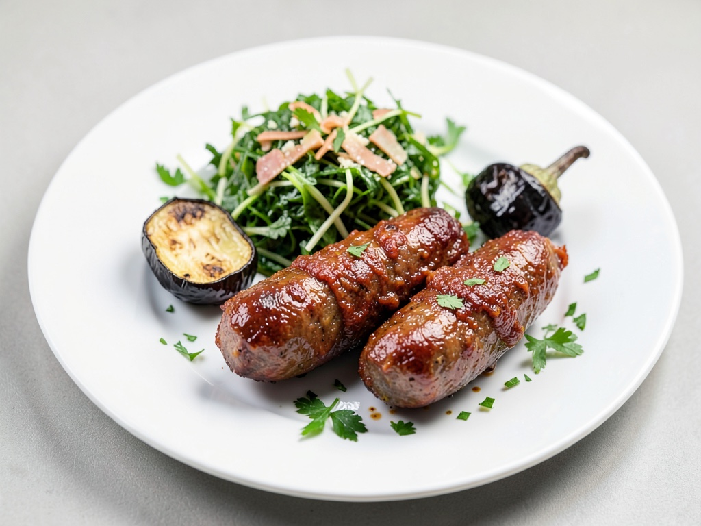 Salsicce Merguez speziate con tabouleh fresco e melanzana alla griglia