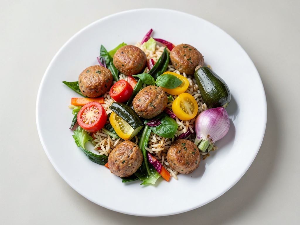 Assiette de légumes méditerranéenne avec mini-boulettes et riz