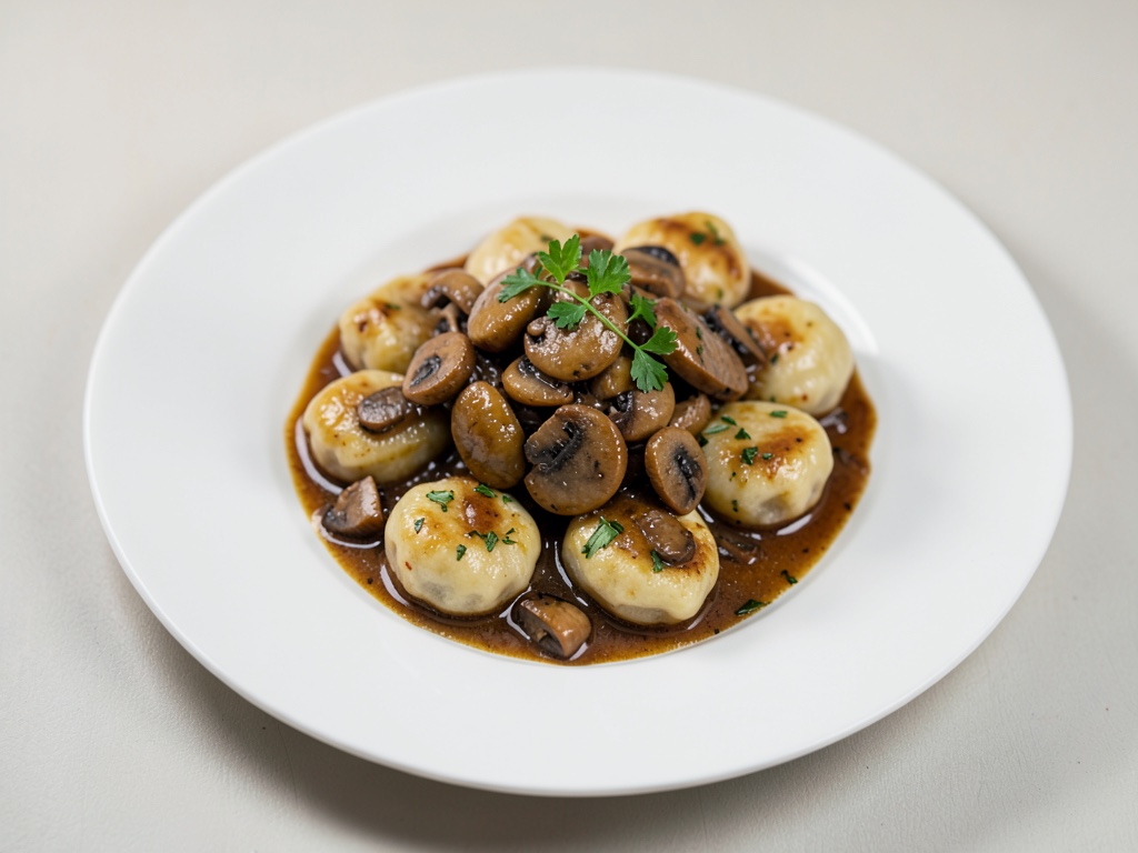 Gulasco di mini gnocchi con funghi champignon