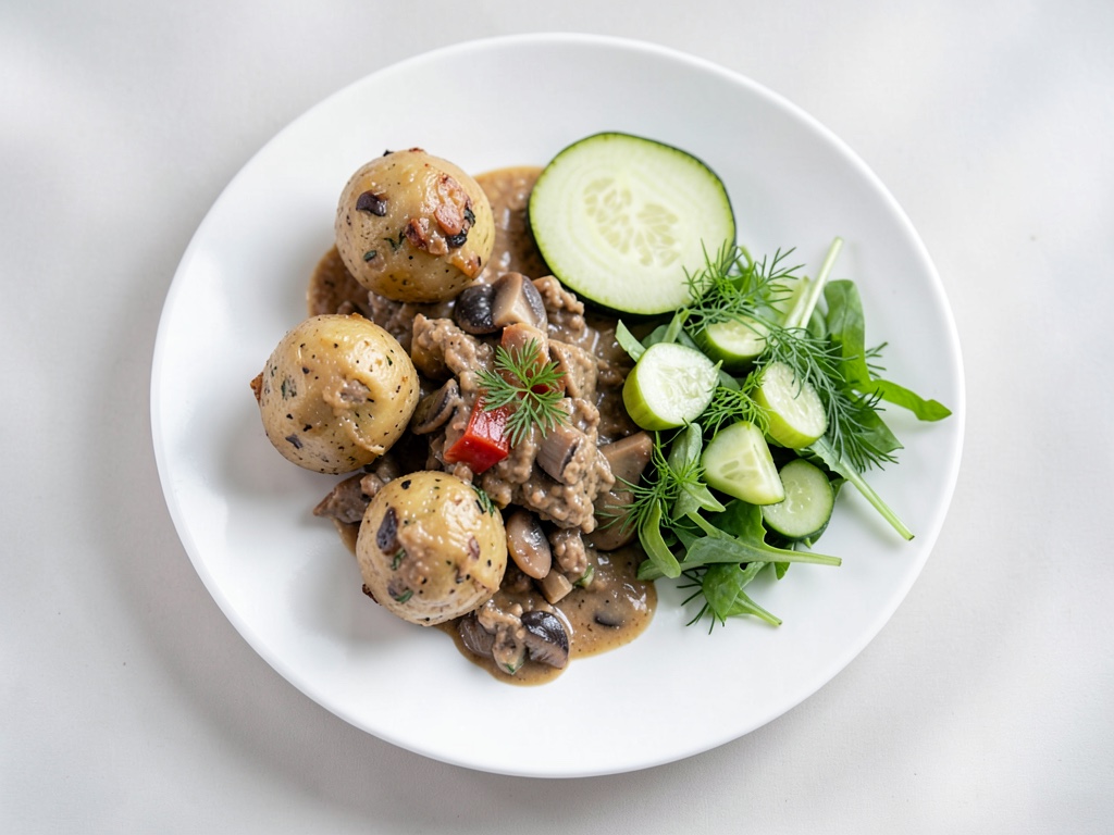 Mini gnocchi con ragù di funghi e insalata di cetrioli e aneto