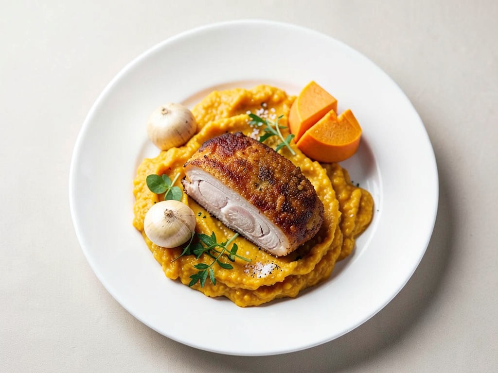 Mini-schnitzel croccanti con purè cremoso di patate e zucca