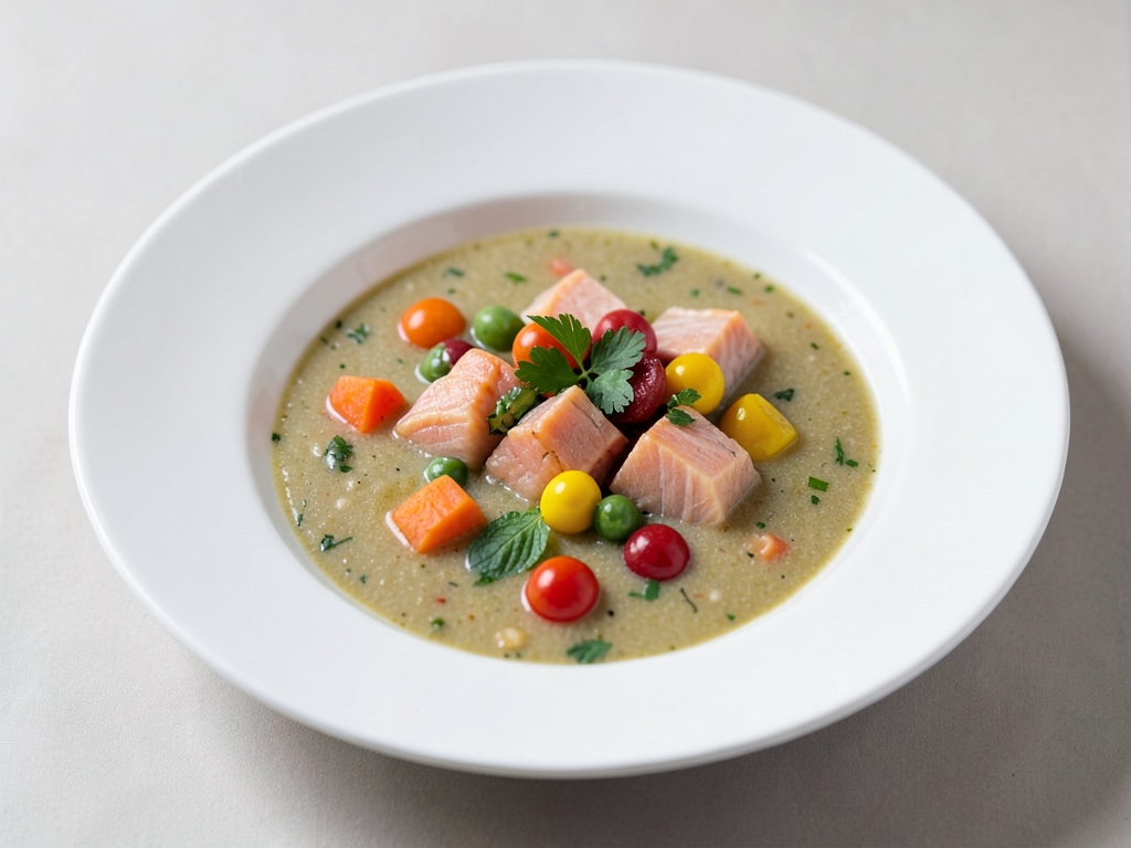 Sopa reconfortante de miso con cubos de salmón y verduras coloridas