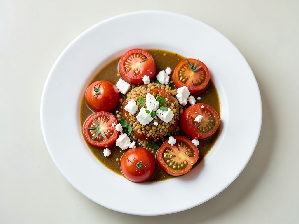 Peperoni ripieni con couscous e feta su pomodori con origano