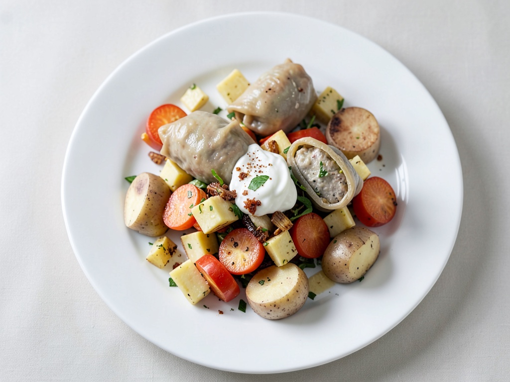 Ripieniti di verdure su insalata di patate al rafano con cipolle croccanti