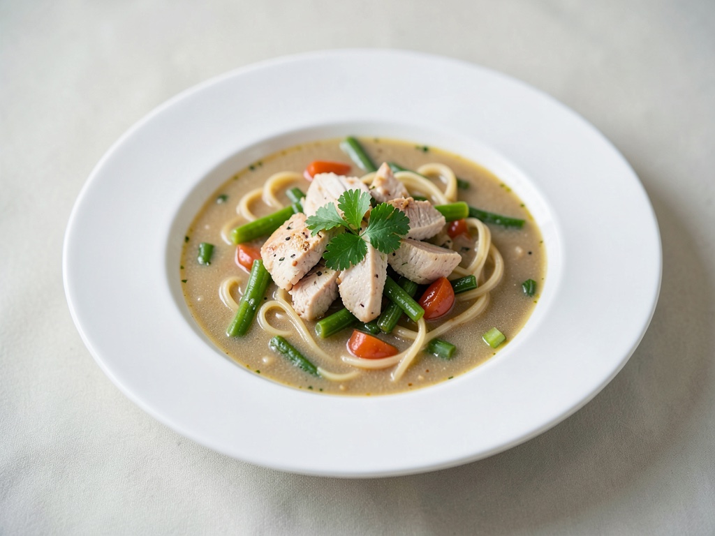 Sopa de pollo, espárragos y fideos