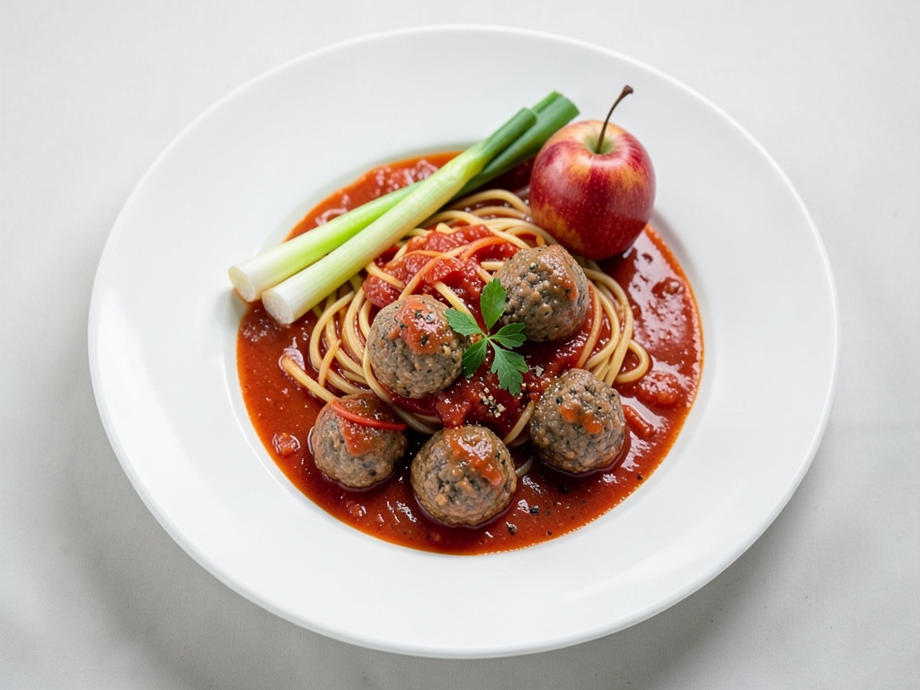 Nudeln mit Fleischbällchen in Tomatensauce