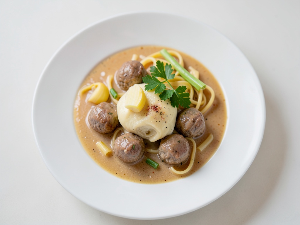 Nudeln mit Fleischbällchen und Lauch in Käsesoße