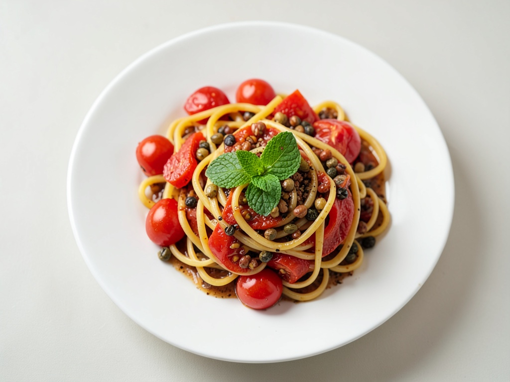 Nudeln mit geschmorten Tomaten, Kapern und Minze