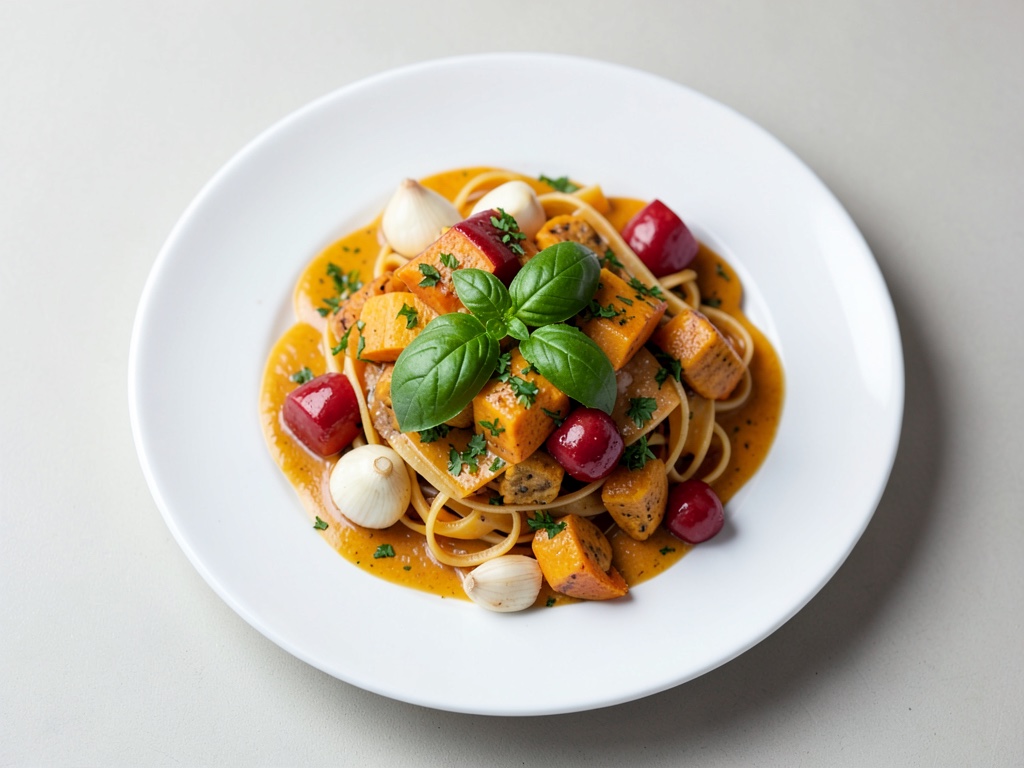 Hokkaido-Kürbis-Spaghetti mit Orangen-Sahne-Dip und frischem Basilikum