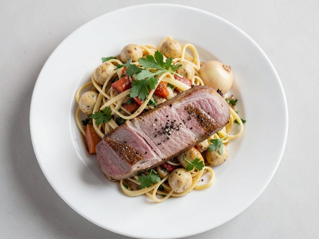 Penne mit Kräuter-Rahm-Fleischstreifen und frischen Radieschen