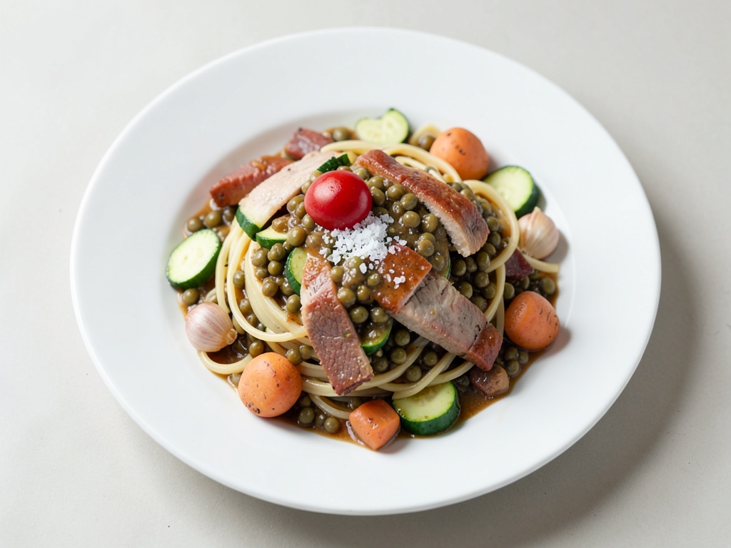 Putenstreifen-Nudeln mit cremiger Linsen-Zucchini-Soße