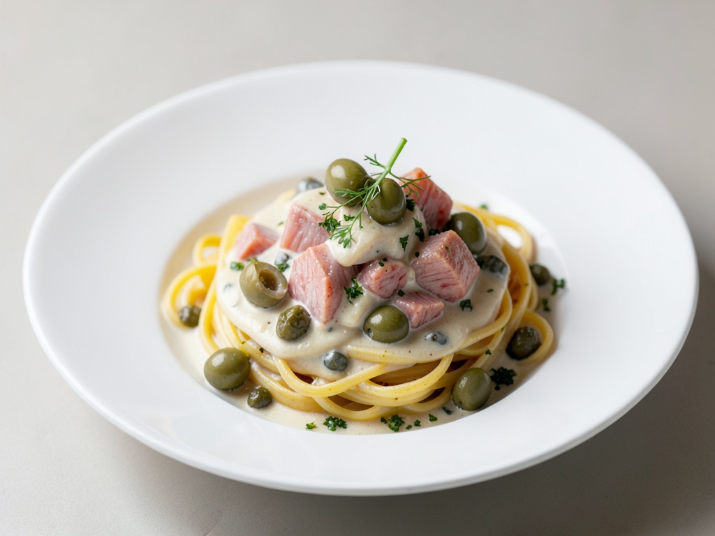 Cremige Nudeln mit Thunfisch, Oliven und Kapern