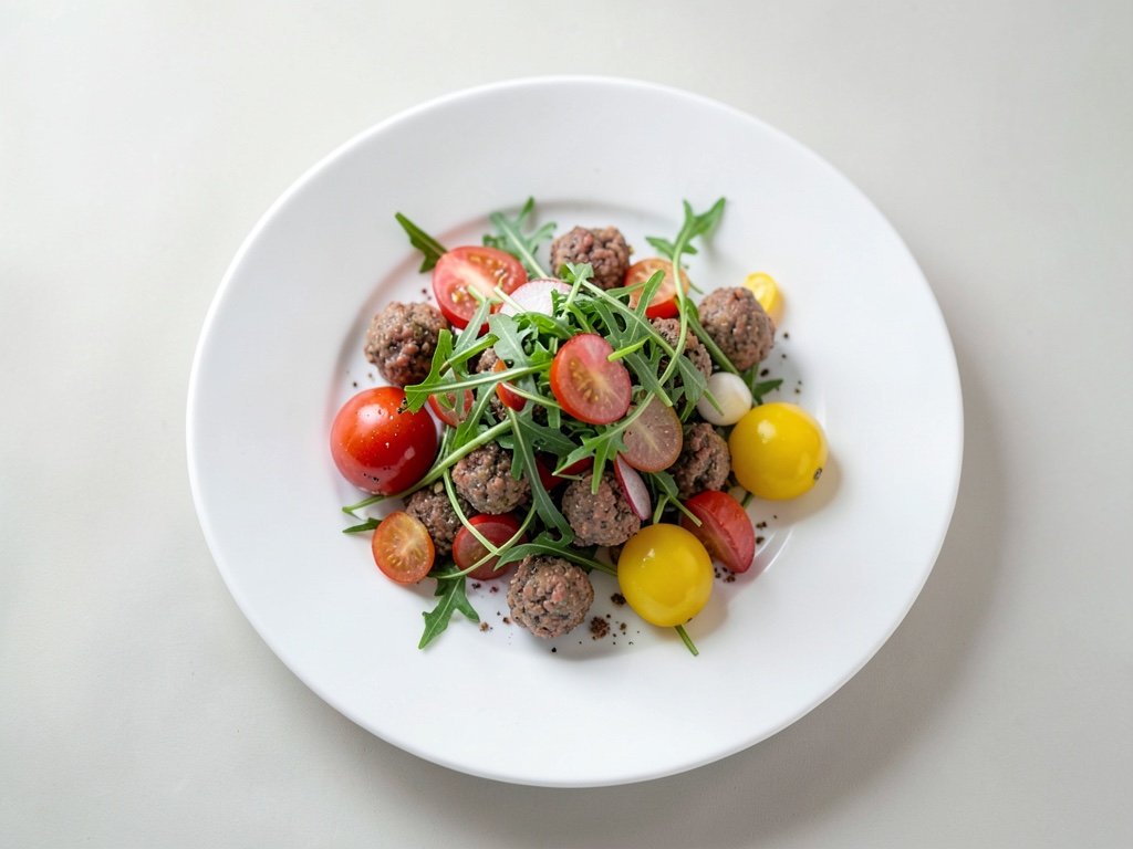 Nudelsalat mit Rucola, Radieschen und Hackbällchen