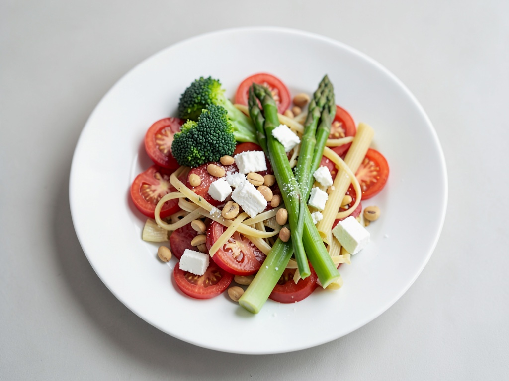 Bunter Nudelsalat mit Spargel, Tomaten, Feta und Pistazien