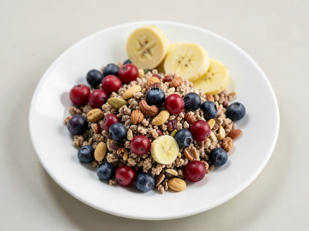 Muesli con nueces, plátano, frambuesas y arándanos