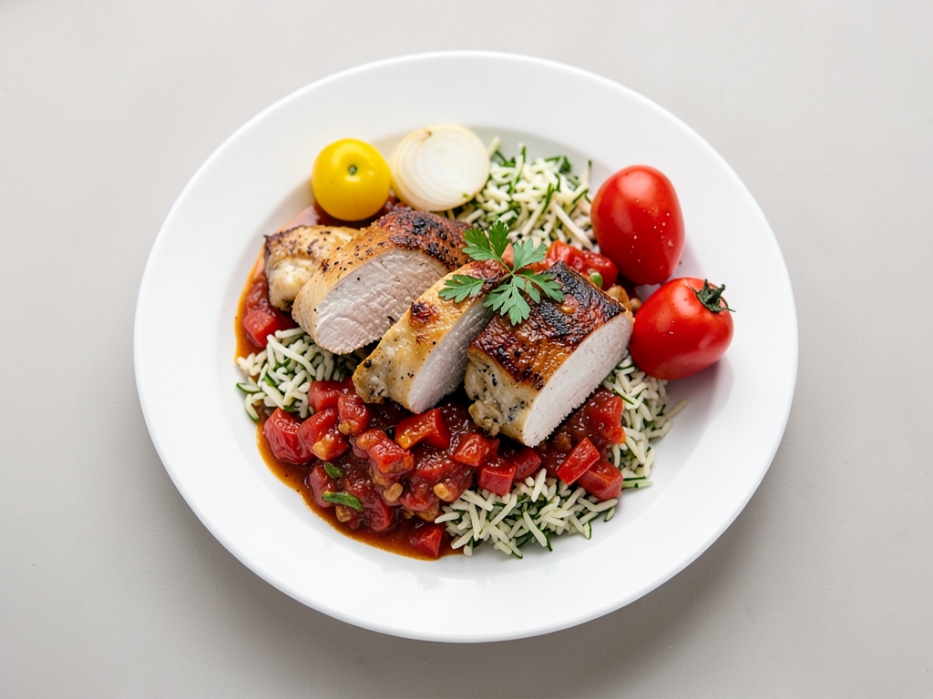 Petto di pollo ripieno alle noci con riso al prezzemolo e verdure al peperone