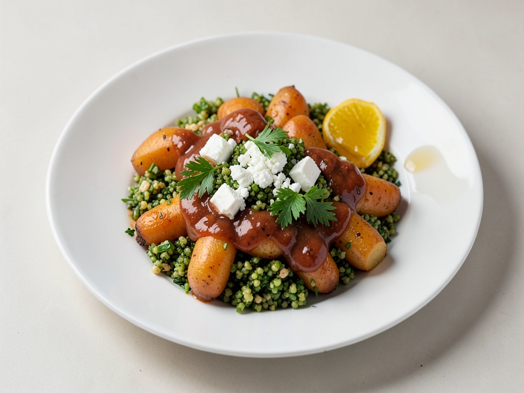 Carote al forno con condimento al Feta e arancia su Bulgur al prezzemolo