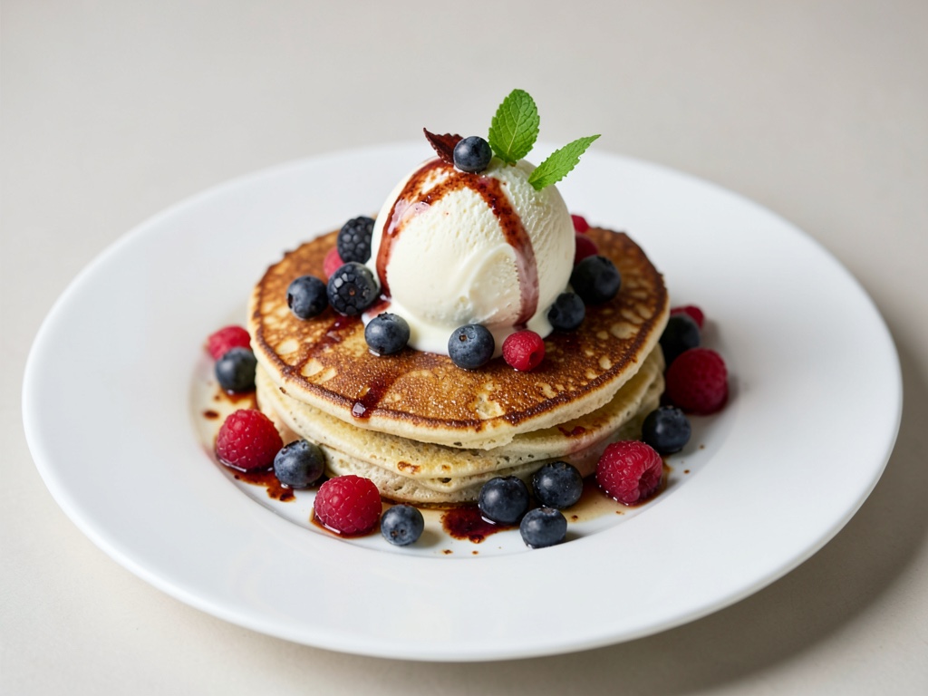 Knuspriger Ofen-Pfannkuchen mit Beeren und Vanilleeis