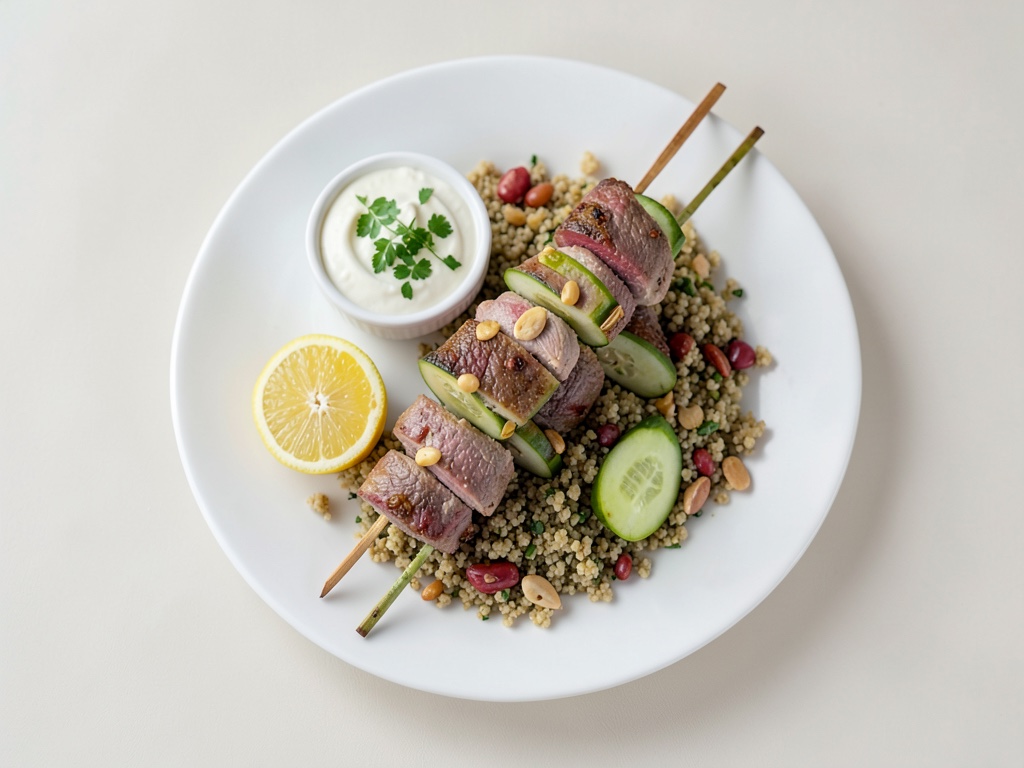Ofengegrillte Putenspieße mit Gurken-Mandel-Couscous