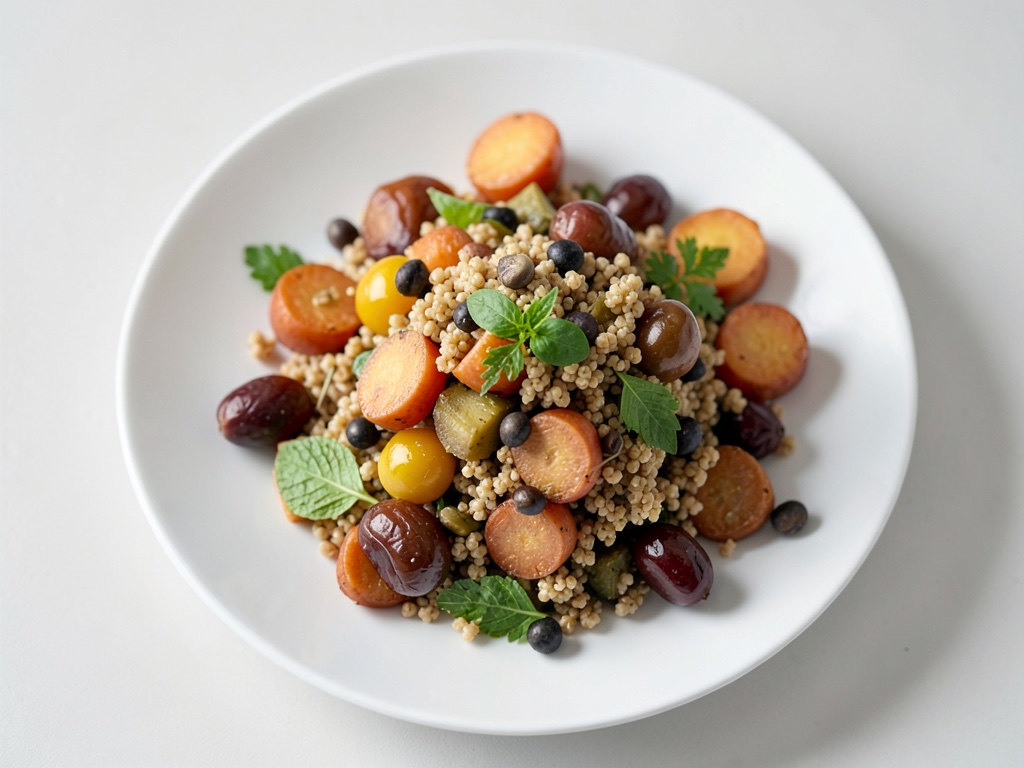 Légumes rôtis aux carottes et fenouil avec couscous aux dattes et pistaches