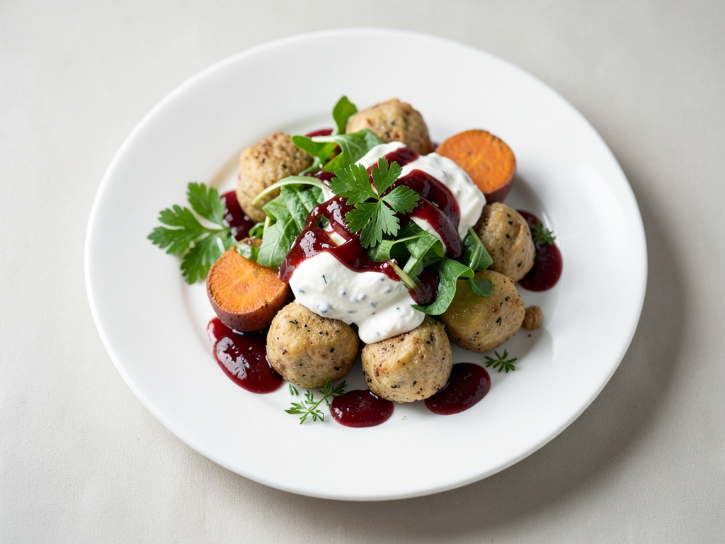 Patate dolci al forno con gnocchi di formaggio fresco, insalata mista e condimento all'uva