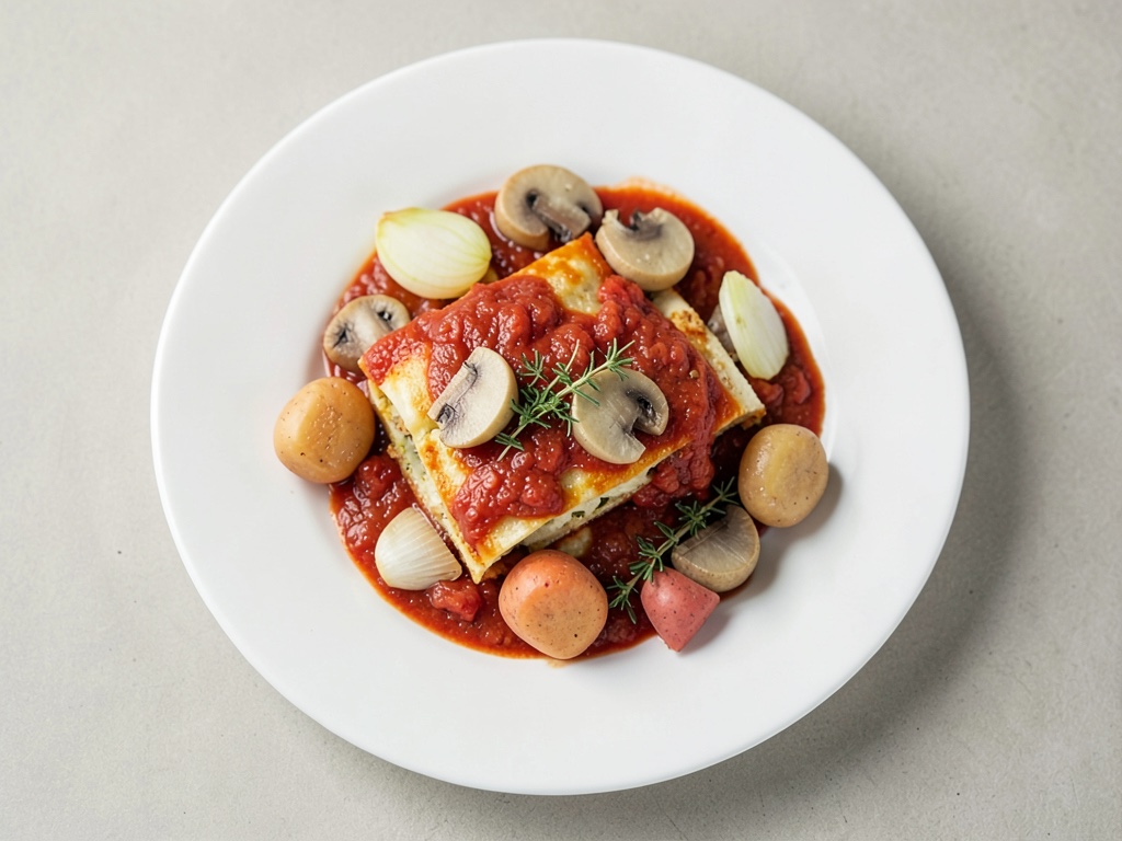 Offene Lasagne mit Tomatensoße und knusprigen Champignons