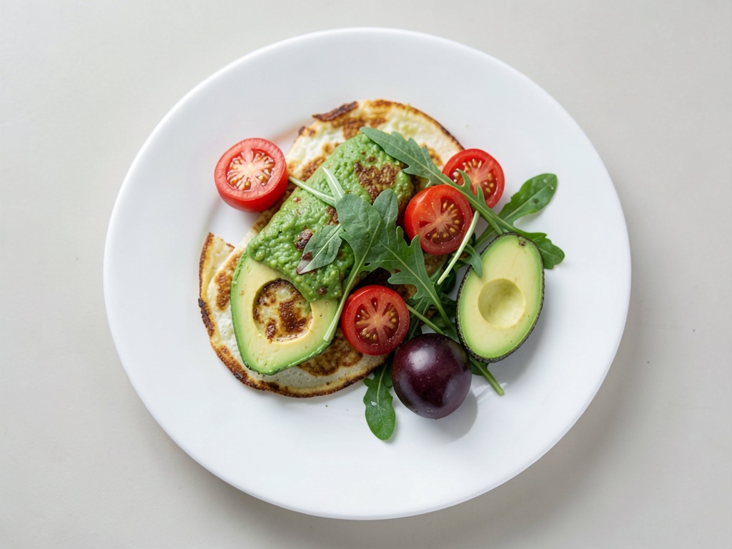 Tortilla francesa con aguacate, tomates y rúcula