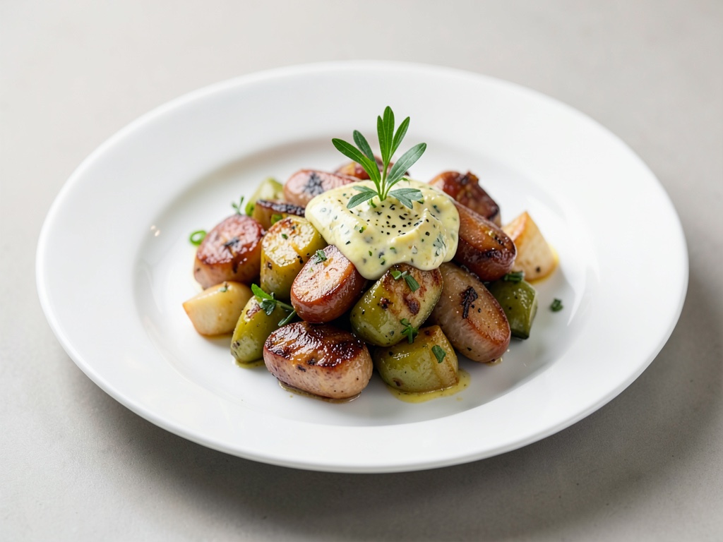 Verdure al forno con salsicce Merguez e condimento al sesamo e limone