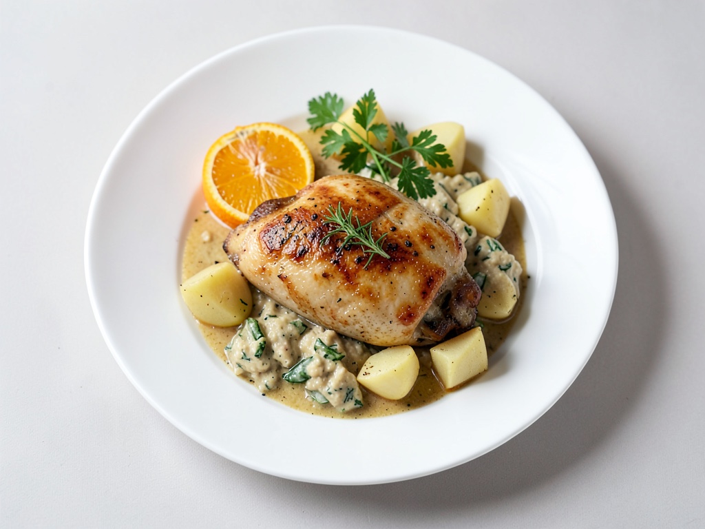 Pollo al profumo d'arancia con verdure radice cremose