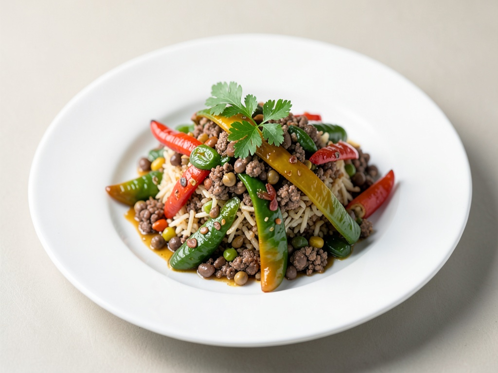 Peperoni ripieni all'orientale con riso, trito vegano e lenticchie