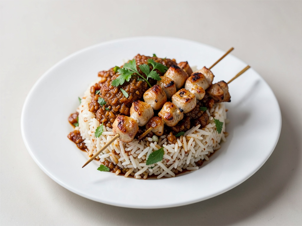 Bowl di riso orientale con spiedini di pollo fritti