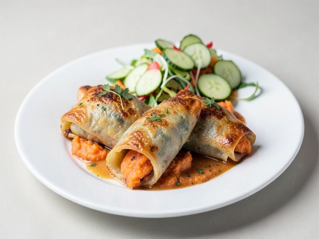 Orientalian pastry pockets with carrot puree and cucumber salad