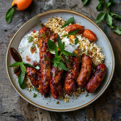 Piatto orientale di Merguez con riso, melograno, yogurt e menta