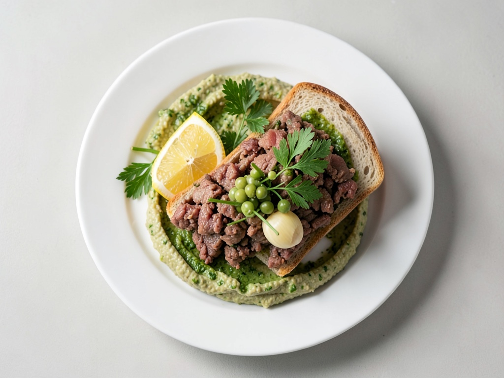 Orientalische Fleischbällchen-Sandwiches mit Hummus und Petersilien-Rosinen-Pesto