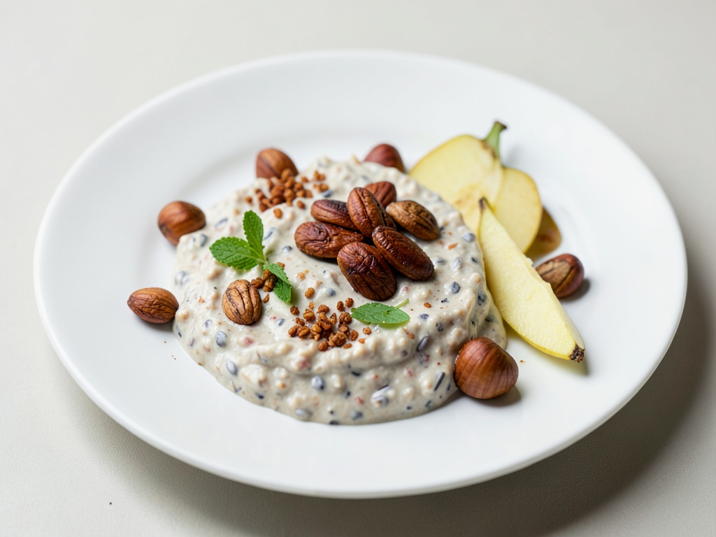 Copos de avena remojados durante la noche con avellanas tostadas y pera