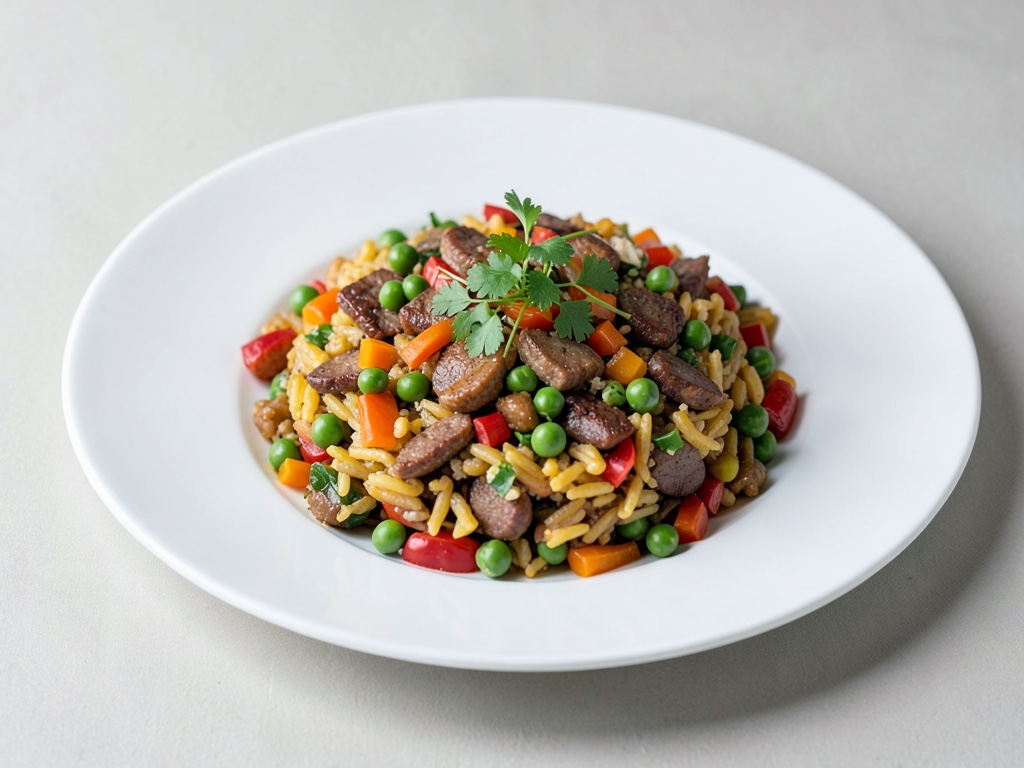 Paella vegana con peperoni, piselli e alternative alla carne