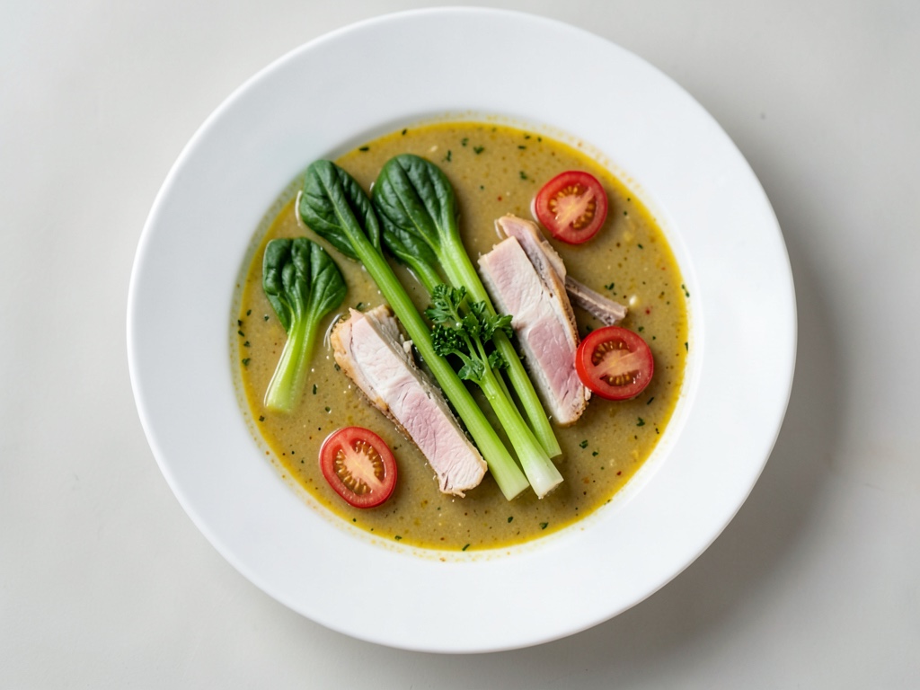 Sopa de coco con pak choi y tiras de pavo
